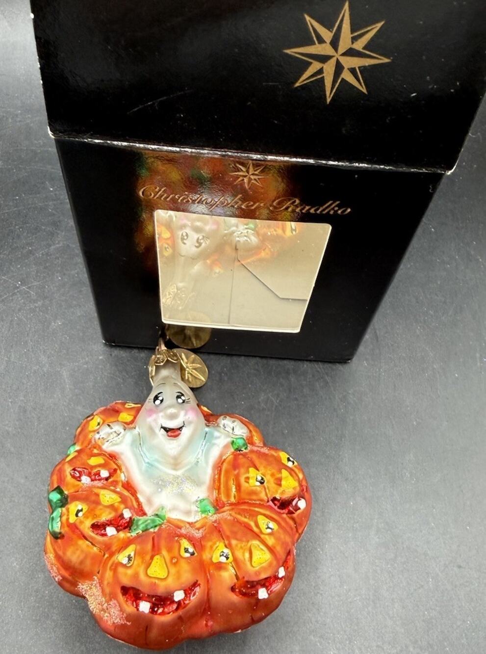 2000 Christopher Radko Giggles And Boo Glass Halloween Ornament Box & Charm 54D